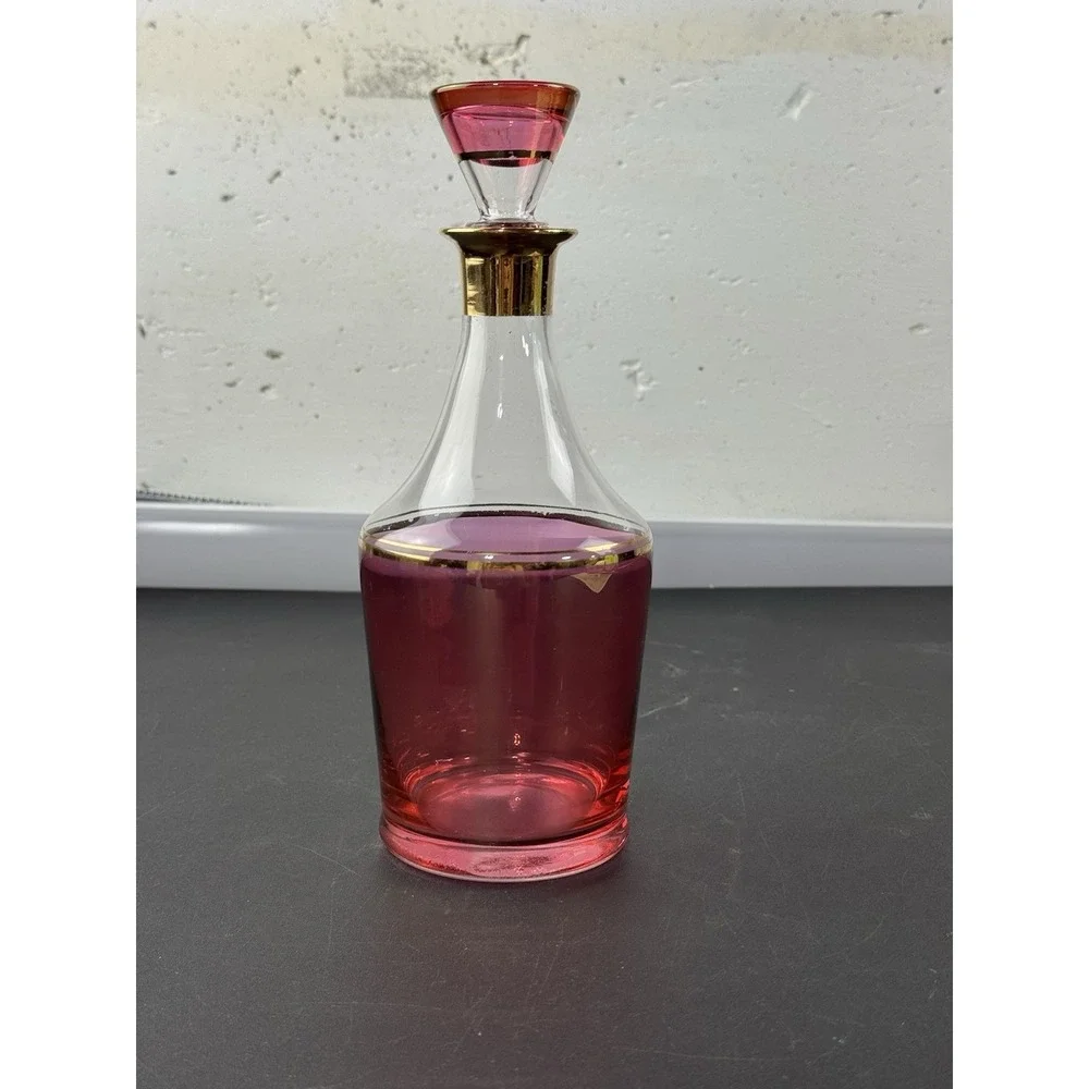 Cranberry Glass Decanter and Matching Cordial Glasses Set 7-piece MCM‎